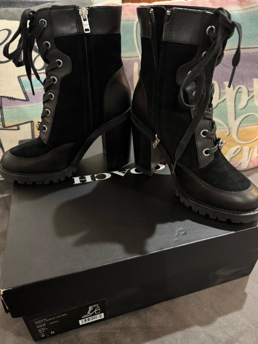 Coach Hedy Bootie Black Leather & Suede Lace-Up Block Heel Boots